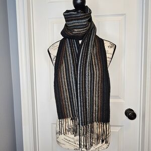 NWOT V.Fraas Long Black Brown Blue Stripe Ribbed Knit Winter Scarf Fringe OS